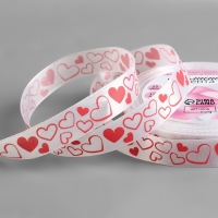 Лента атласная &laquo;Сердечки&raquo;, 15 мм &times; 23 &plusmn; 1 м, цвет белый/красный №001