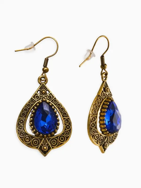 Серьги со стразми "Винтаж" капля, цвет синий в чернёном золоте