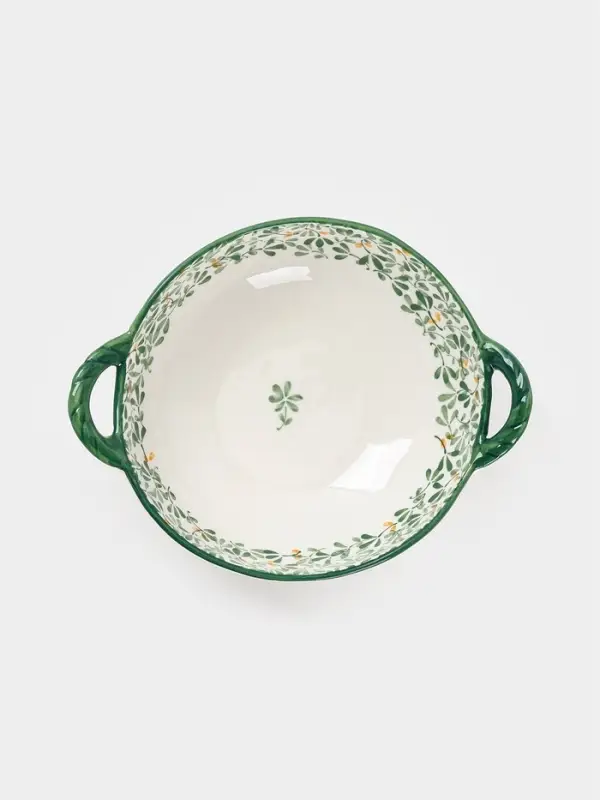 Бульонница с ручками &laquo;Гармония лепестков&raquo;, 22.5&times;18&times;7 см, фарфор, белая, зелёная