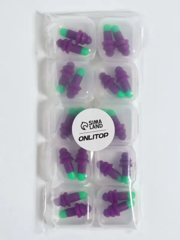 Беруши, 3&times;1.3 см, в футляре, фасовка 10 шт., силиконовые, фиолетовый/зелёный