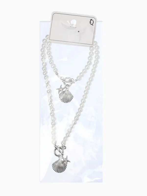 Набор 2 пред-та: бусы.браслет "Жемчуг", ракушка вонголе, цвет белый в серебре L=18/42см №8   1093654