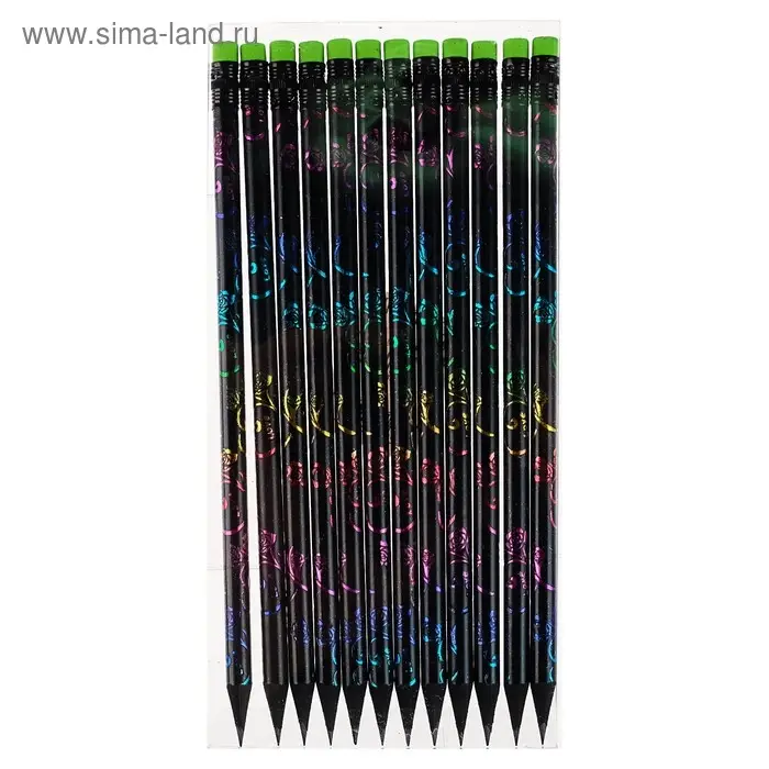 Карандаш простой, чернографитный с ластиком, твёрдость НВ, корпус чёрный с цветным узором