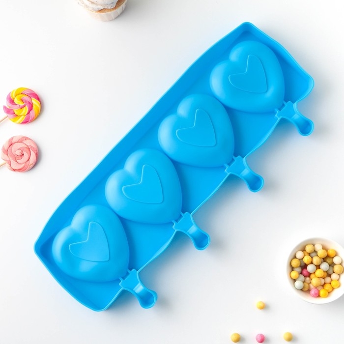 Форма для мороженого &laquo;Сердца&raquo;, силикон, 37&times;15&times;2,5 см, 4 ячейки (9,2&times;8,4 см), цвет МИКС