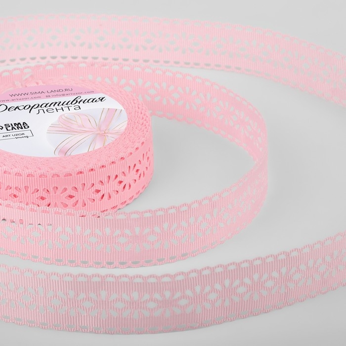 Лента декоративная, репсовая &laquo;Ажурные цветы&raquo;, 25 мм &times; 9,1 &plusmn; 0,5 м, цвет розовый
