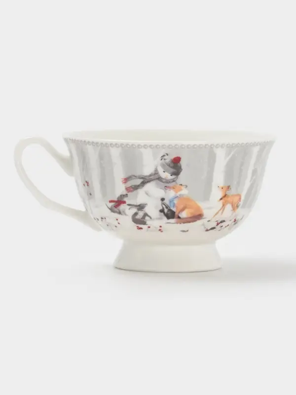 Чайная пара новогодняя &laquo;Снежные забавы&raquo;, 2 предмета: чашка 180 мл, блюдце d=15 см, керамика, подарочная упаковка, белая