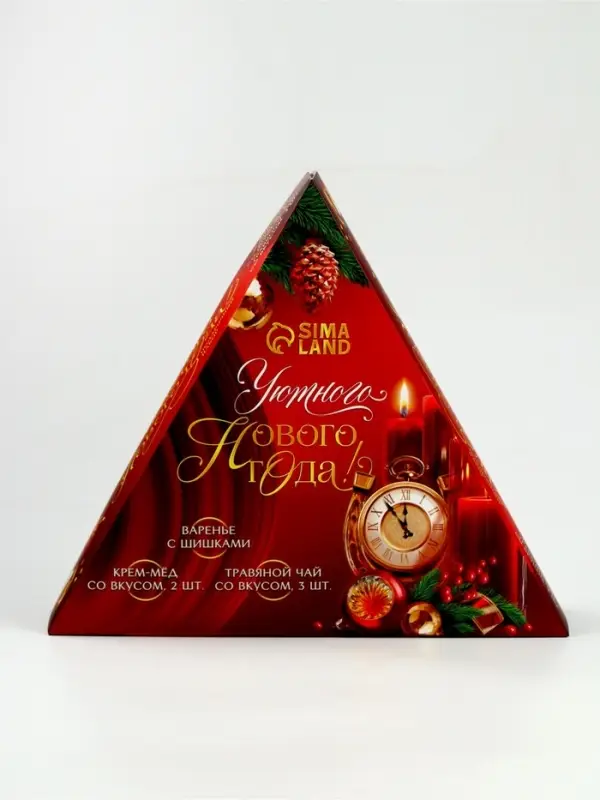Подарочный набор новогодний &laquo;Уютного года&raquo; варенье с шишками, крем-мед 2 шт, чай в банке 3 шт   1087