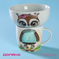 Набор детской посуды из керамики Доляна &laquo;Совенок&raquo;, 2 предмета: кружка 230 мл, миска 400 мл, цвет белый