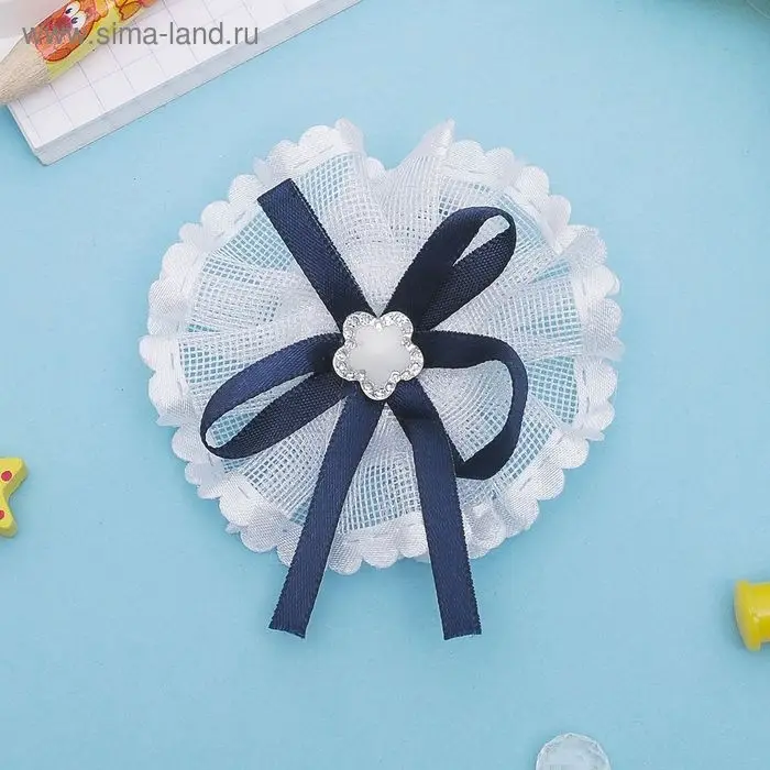 Резинка для волос бант &laquo;Школьница&raquo;, лента цветок, d=6.5 см, сине-белый