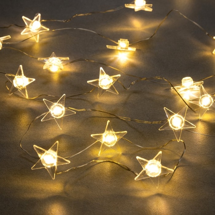 Гирлянда &laquo;Нить&raquo; 2 м роса с насадками &laquo;Звезда&raquo;, IP20, серебристая нить, 20 LED, свечение тёплое белое, 2 режима, ААх2