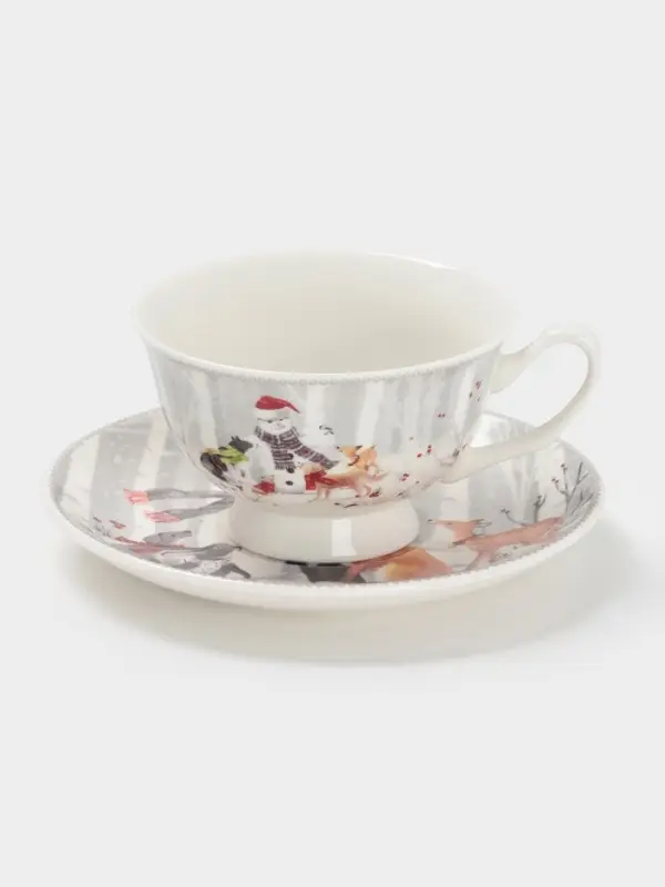 Чайная пара новогодняя &laquo;Снежные забавы&raquo;, 2 предмета: чашка 180 мл, блюдце d=15 см, керамика, подарочная упаковка, белая