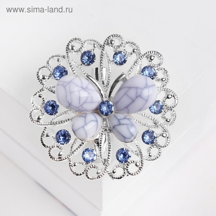 Брошь &laquo;Бабочка&raquo; на цветке, цвет бело-голубой в серебре