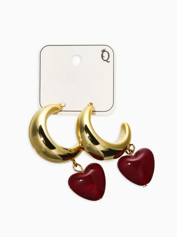 Серьги "Новый стиль", сердечки, цвет бордовый в золоте d3см