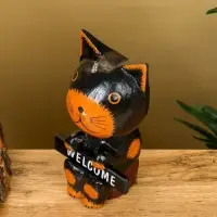 Сувенир "Кот с табличкой WELCOME" дерево 10х7х16 см, цв. чёрно-рыжий