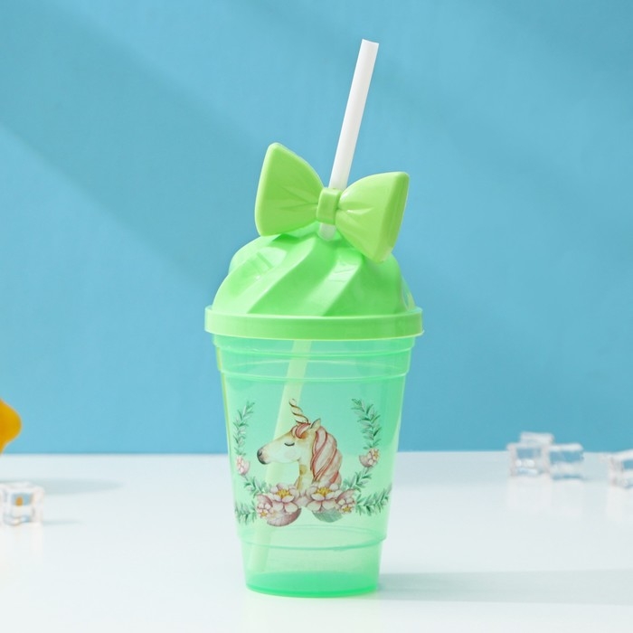 Стакан пластиковый с трубочкой и крышкой Доляна &laquo;Единорог&raquo;, 400 мл, цвет МИКС