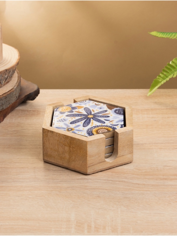 Подставка под горячее (набор 4 шт) "Васильки" дерево манго 15х13х5 см