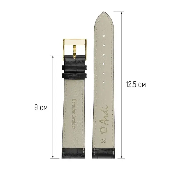 Ремешок для часов, мужской, 20 мм, запряжник 75 мм, горт 115 мм, натуральная кожа, чёрный
