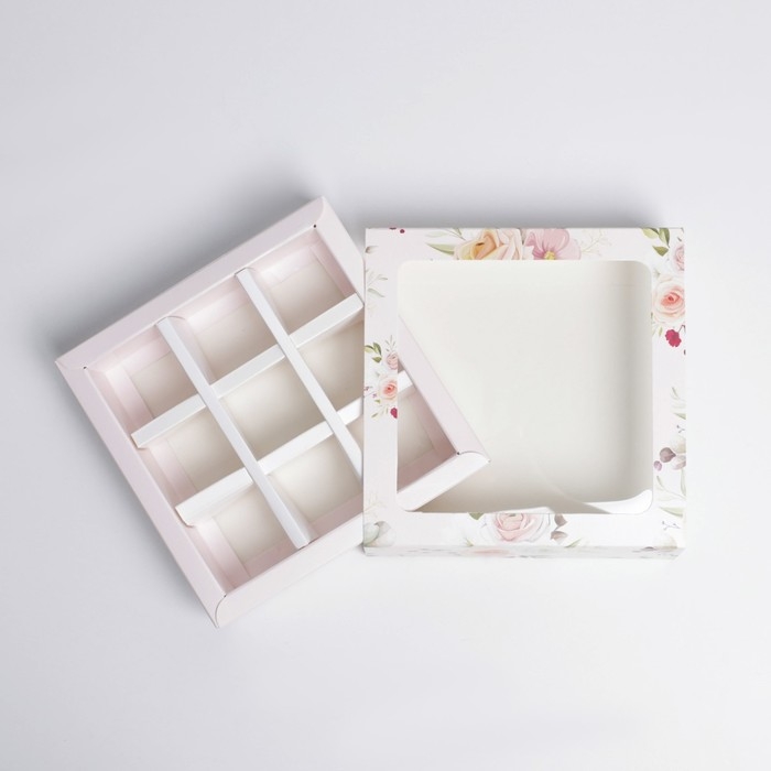 Коробка для конфет, кондитерская упаковка, 9 ячеек, &laquo;С 8 Марта&raquo; 14.5 х 14.5 х 3.5 см