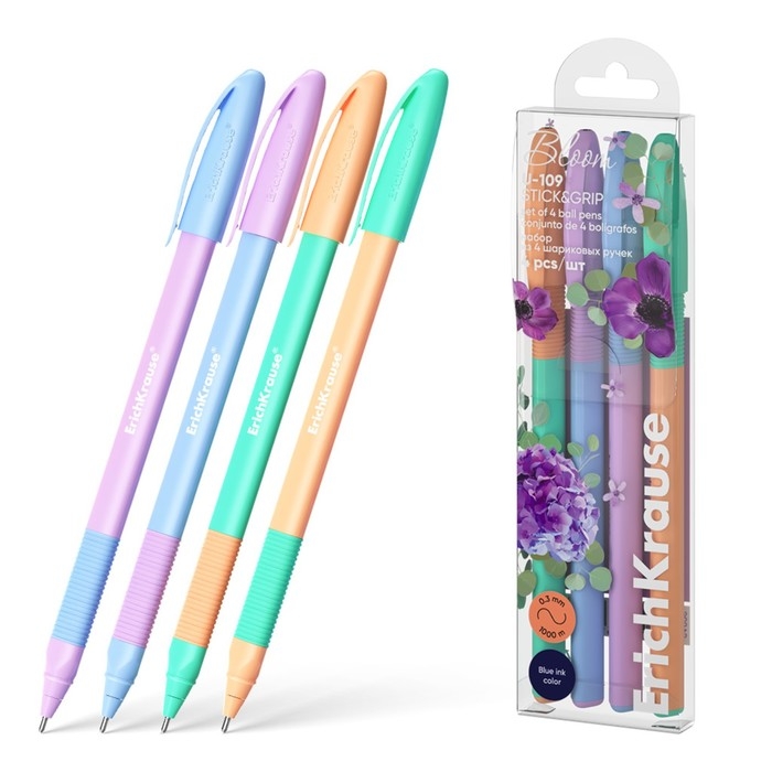 Набор ручек шариковых 4 штуки, ErichKrause U-109 Stick&Grip Pastel Bloom, узел 1.0 мм, чернила синие, резиновый держатель, длина линии письма 1000 метров