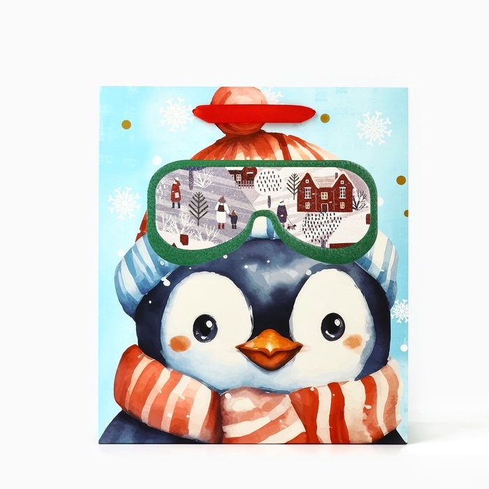 Пакет подарочный новогодний ламинированный &laquo;Пингвинёнок&raquo;, конгрев, M 30 х 26 х 9 см, Новый год