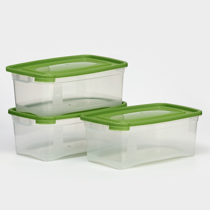 Набор контейнеров пищевых Доляна, 3 шт: 1 л, 18,5&times;12&times;7 см, прямоугольные, прозрачные, крышка зелёная