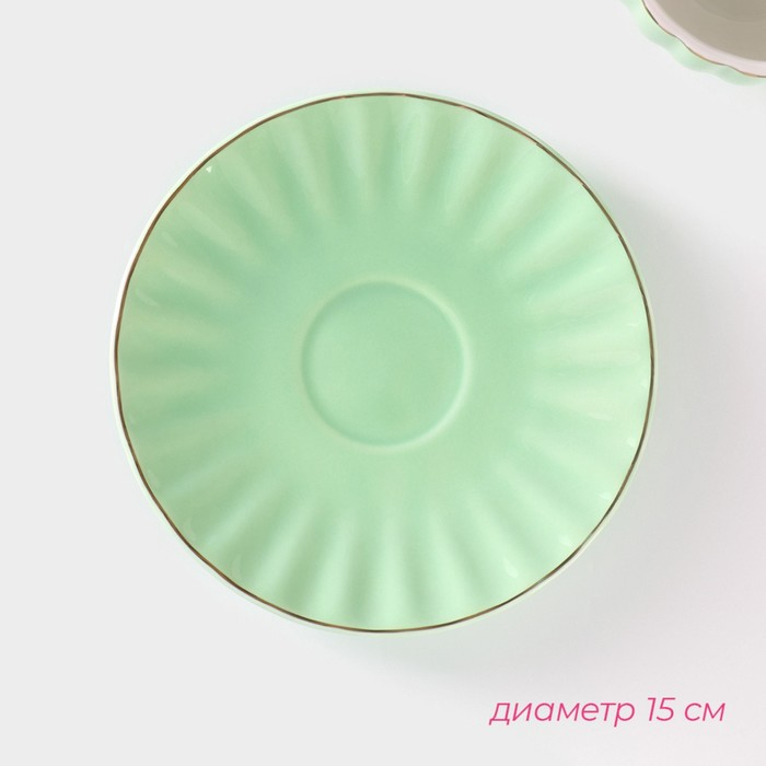 Чайная пара фарфоровая Доляна &laquo;Вивьен&raquo;, 2 предмета: чашка 200 мл, блюдце d=15 см, цвет зелёный