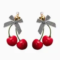 Серьги "Вишня с бантиками" текстиль, цветные в золоте