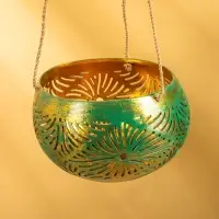 Подсвечник подвесной из кокоса, 12-14 см, тёмно зелёный-золотой