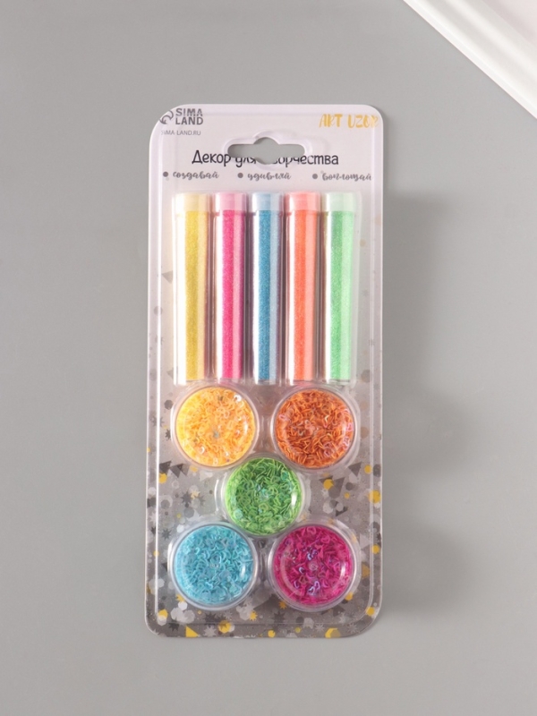 Глиттер "Пудра и сердца с отверстием" неон набор 5х6 гр и 5х5 гр 21,4х9,3 см