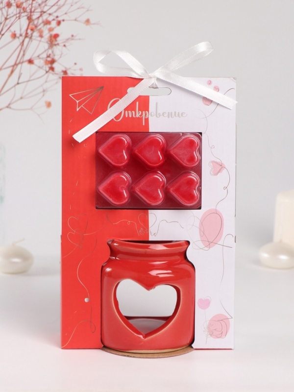 Аромалампа керамика + ароматический воск "Сердце" красная 7,5х7,5х8 см