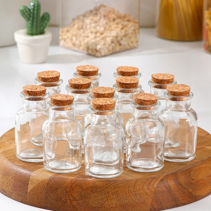 Набор баночек стеклянных для специй с пробковой крышкой Доляна &laquo;Парфе&raquo;, 70 мл, 4,5&times;8 см, 12 шт