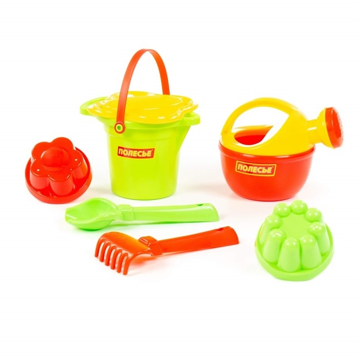 Песочный набор №155: ведро, ситечко-цветок, совок, грабельки, 2 формочки, лейка, цвета МИКС