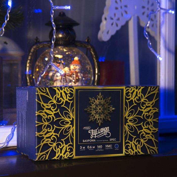 Гирлянда &laquo;Бахрома&raquo; 3 &times; 0.6 м, IP44, УМС, прозрачная нить, 160 LED, свечение синее, 220 В