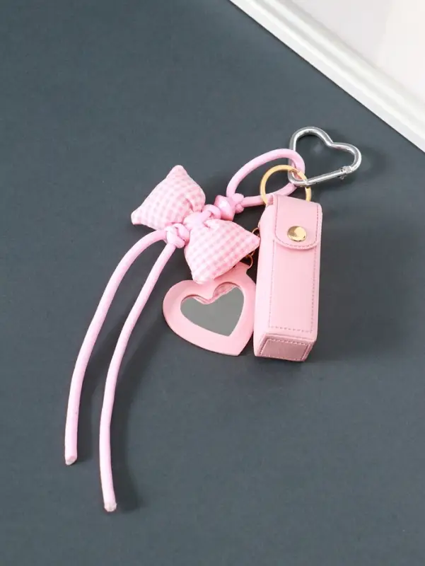 Брелок кожзам с карабином, с зеркалом "Для помады. Бант" розовый 23х3х3,5 см