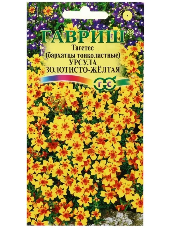 Семена цветов Бархатцы  "Урсула золотисто-желтая", ц/п,  тонколистные, 0,05 г