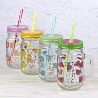 Банка стеклянная с крышкой и трубочкой Доляна &laquo;Счастливый день&raquo;, 450 мл, 10,5&times;7,5&times;13 см, цвет МИКС