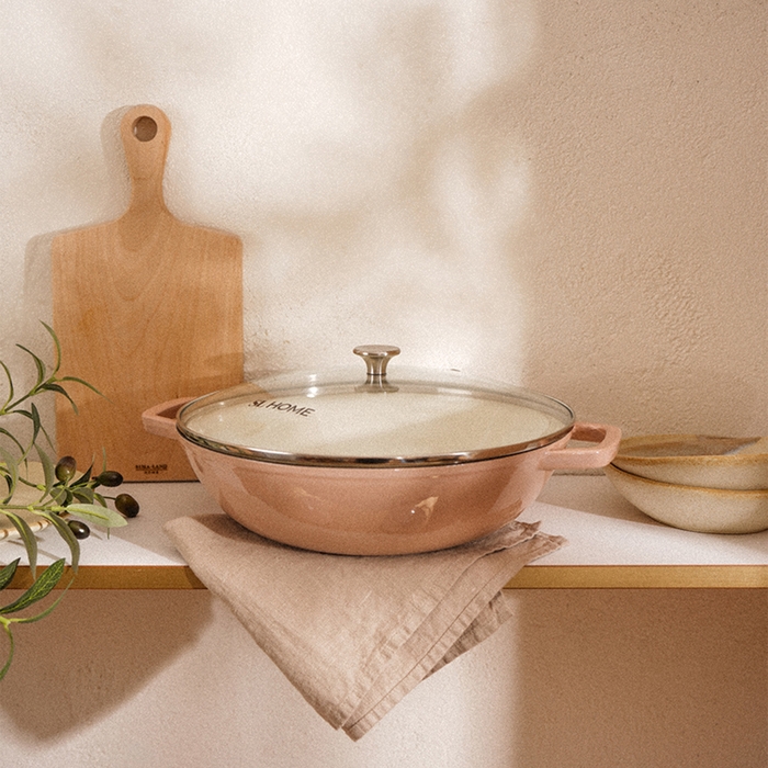 Сковорода-Вок чугунная с эмалированным покрытием SL Home, d=31 см, h=8,5 см, индукция, цвет бежевый