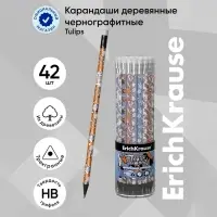 Карандаш чернографитный, ErichKrause &laquo;Tulips&raquo;, HB, грифель d=2.2 мм, с ластиком, дерево, трeхгранный с принтом, в тубусе, микс