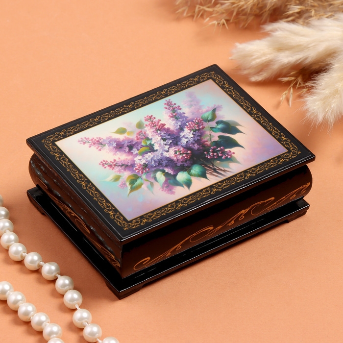 Шкатулка &laquo;Сирень&raquo;, черная, 8&times;10,5 см, лаковая миниатюра