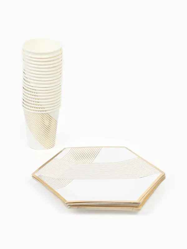 Набор посуды для праздника на 20 персон, белый с золотом (тарелки 23 см, стакан 250 мл)