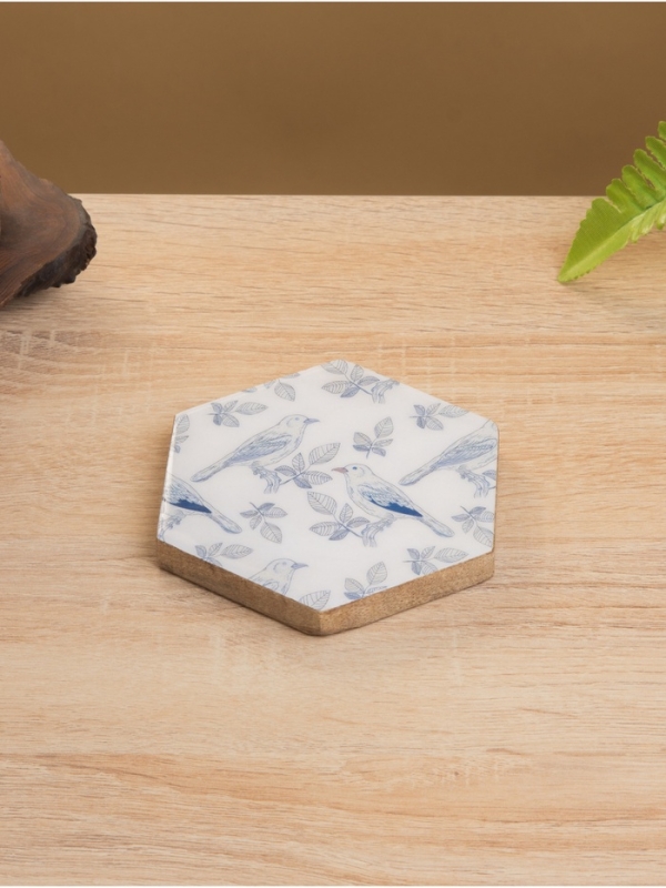 Подставка под горячее (набор 4 шт) "Синие птицы" дерево манго 15х13х5 см