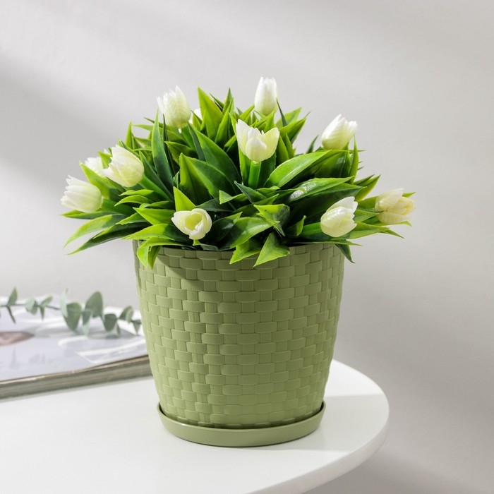 Горшок для цветов с поддоном &laquo;Ротанг&raquo;, 1,2 л, цвет оливковый