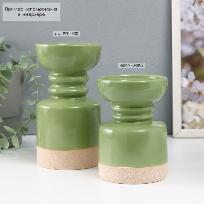 Подсвечник керамика на 1 свечу "Атлант" песочно-зелёный 9,5х9,5х17,5 см