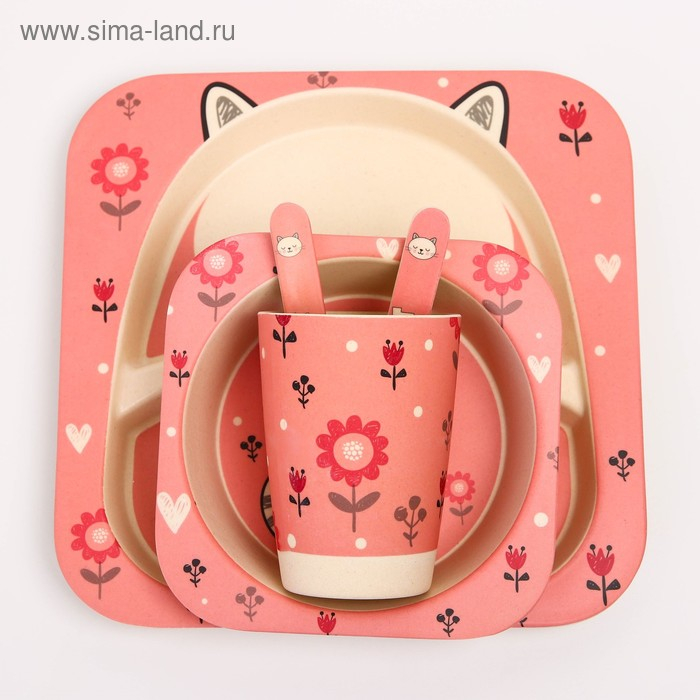 Набор детской бамбуковой посуды &laquo;Кошечка&raquo;, тарелка, миска, стакан, приборы, 5 предметов