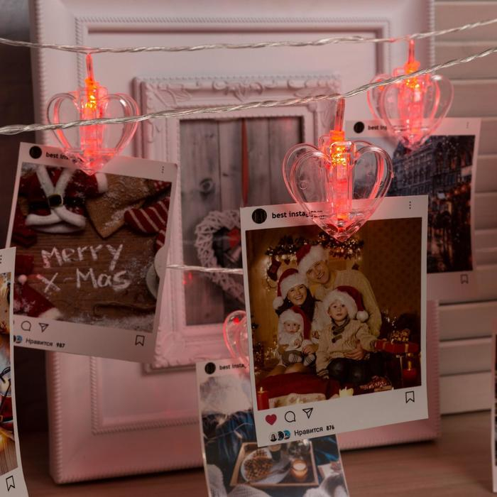 Гирлянда &laquo;Нить&raquo; 4.5 м с насадками &laquo;Прищепки-сердце&raquo;, IP20, прозрачная нить, 20 LED, свечение красное, 220 В