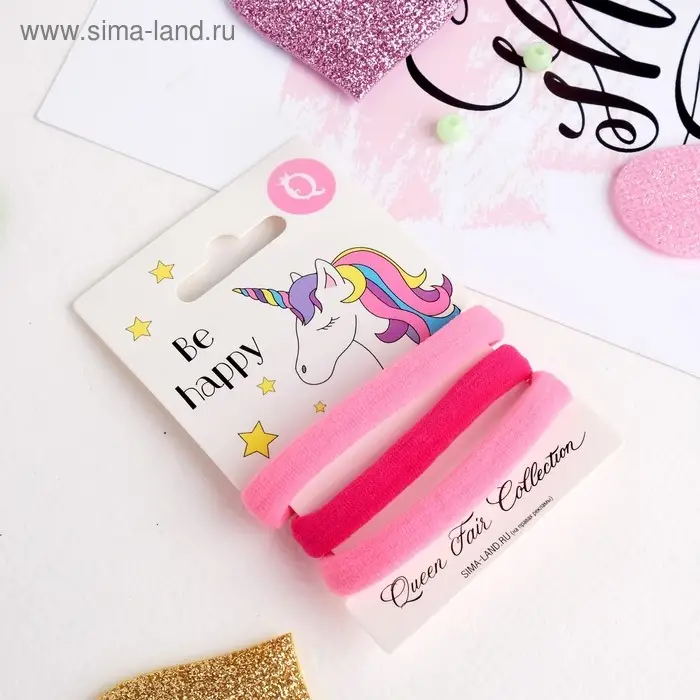 Резинка для волос "Трио" (набор 3 шт) единорог, 5,5 см, розовый