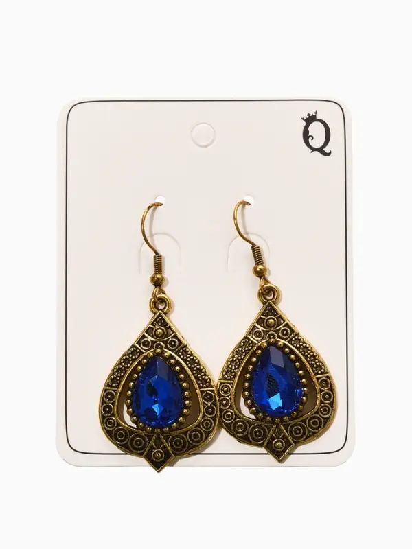 Серьги со стразми "Винтаж" капля, цвет синий в чернёном золоте