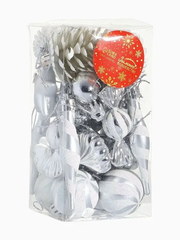 Набор украшений пластик 26 шт "Праздничный хоровод" 4 см, серебро