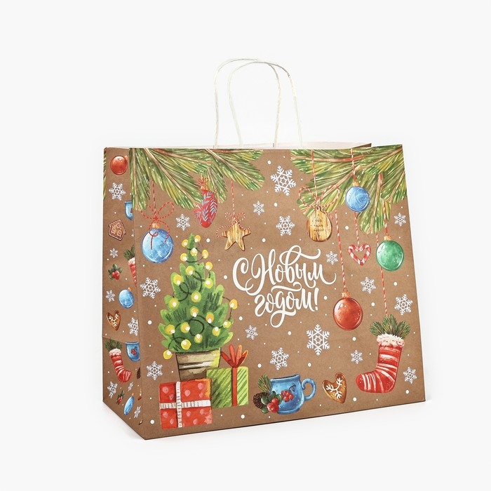 Пакет подарочный новогодний крафтовый &laquo;Весёлого нового года&raquo;, 28 х 15 х 32 см , Новый год
