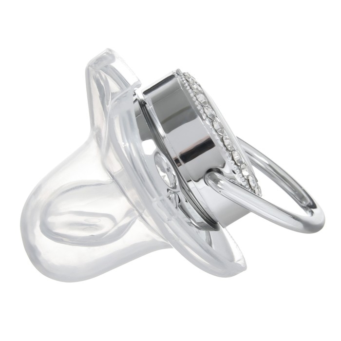 Соска - пустышка силиконовая ортодонтическая &laquo;Мишка&raquo;, от 6 мес., с колпачком + держатель - цепочка, цвет серебренный, стразы