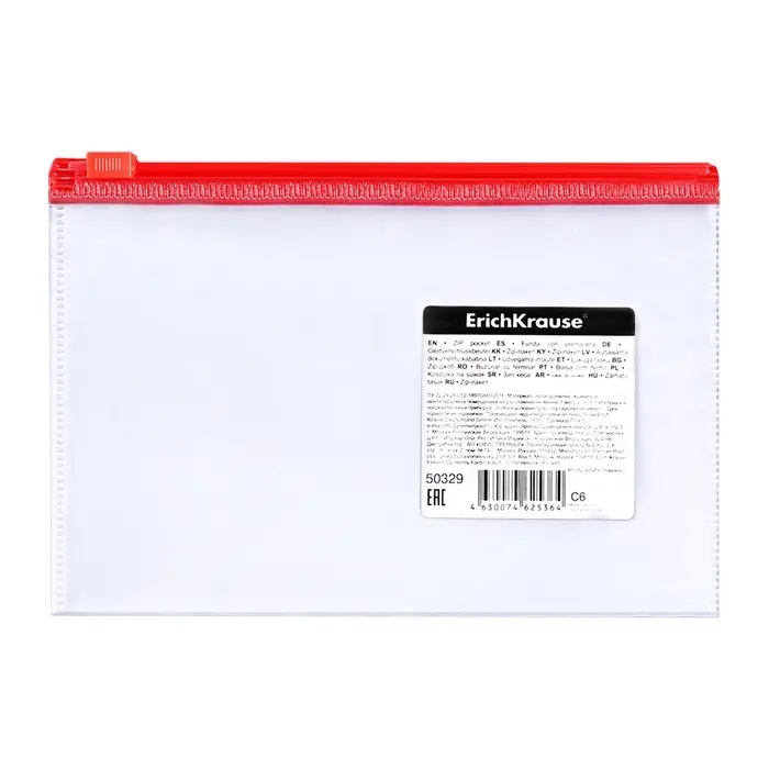Папка-конверт на ZIP-молнии С6 ( 175 x 117 мм), 120 мкм, ErichKrause Fizzy Clear, c цветной молнией, тиснение, до 100 листов, микс